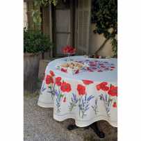 Nappe ronde en coton, imprimé provençal Coquelicots et lavandes blanc