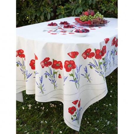 Fitted tablecloths oval, Coquelicots et lavandes print white
