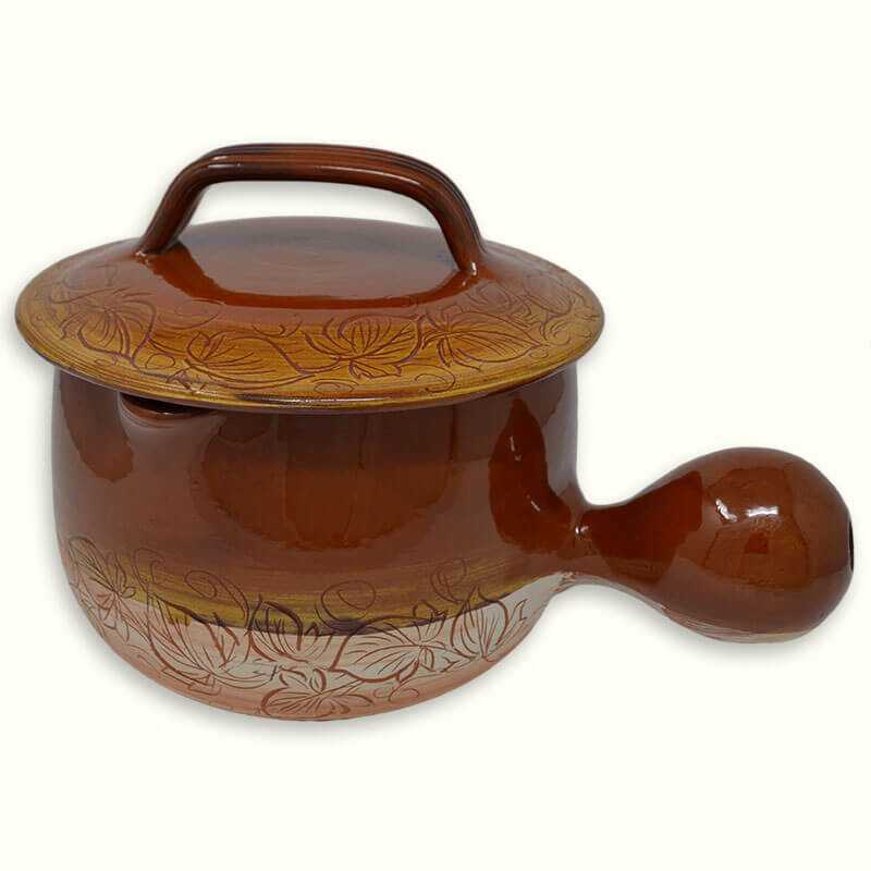 Provencal ceramic cooking saucepan with lid and spout from Vallauris