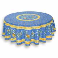 Nappe ronde bleu en coton, imprimé provençal Cigale