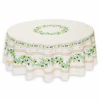 Nappe ronde en coton, imprimé provençal Ramatuelle blanc vert