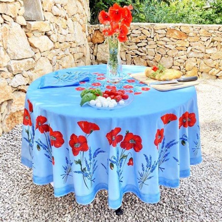 Nappe ronde en coton, imprimé provençal Coquelicots et lavandes bleu ciel