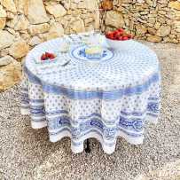 Nappe ronde en coton, imprimé provençal Bastide blanc bleu