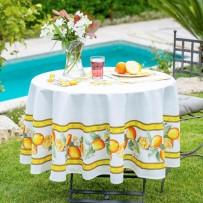 Provencal Cotton tablecloths white, round shape, Printed Citron