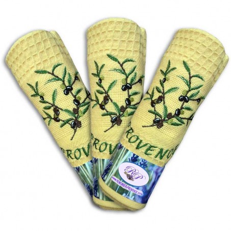 Cotton kitchen towels set, honeycomb weave, Olive pattern (x3)
