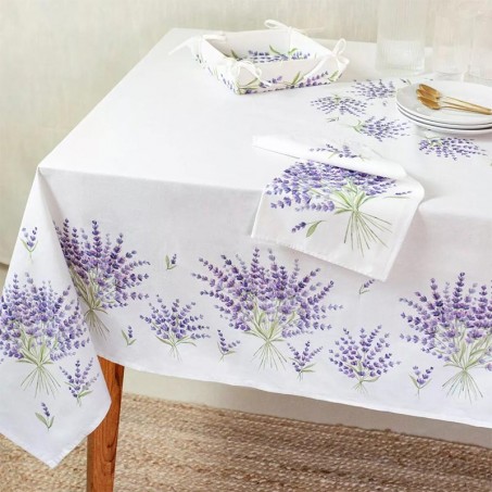 nappe de table blanche en coton motif lavande