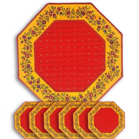Sets de table octogonal matelassé, imprimé Calissons Fleurettes rouge jaune