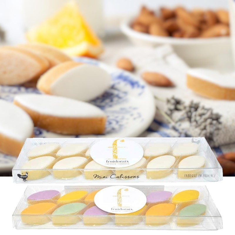 Traditional Aix calissons or fruity calissons in a glass box