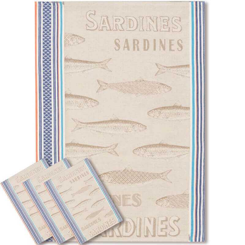 Torchon jacquard de cuisine (x3), décor Sardine