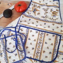 Tablier de cuisine avec poche en coton blanc bleu imprime moustiers